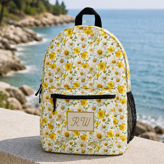 Yellow Wildflowers Pattern Monogram Name Printed Backpack (Creator Uploaded)