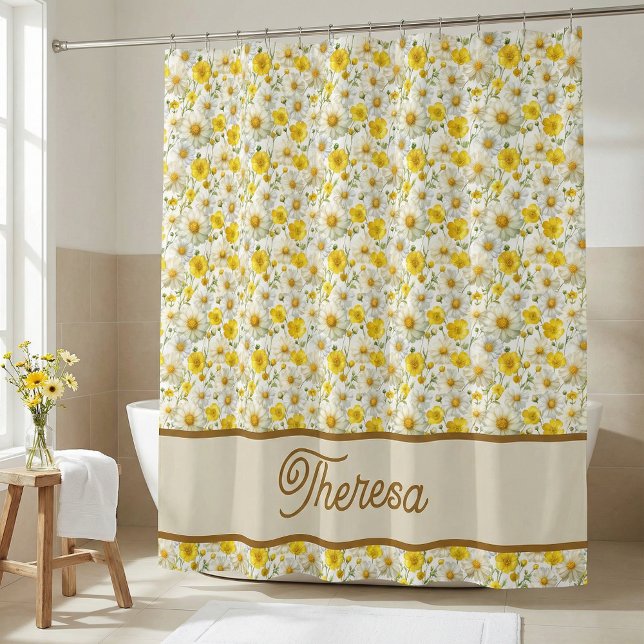 Yellow Wildflowers Pattern Monogram Name Shower Curtain (Creator Uploaded)