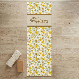 Yellow Wildflowers Pattern Monogram Name Yoga Mat