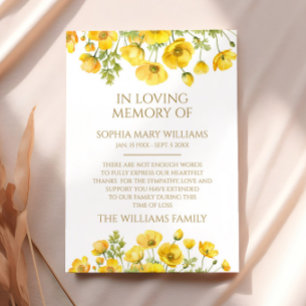 Yellow Wildflowers Sympathy Memory Thank You Card