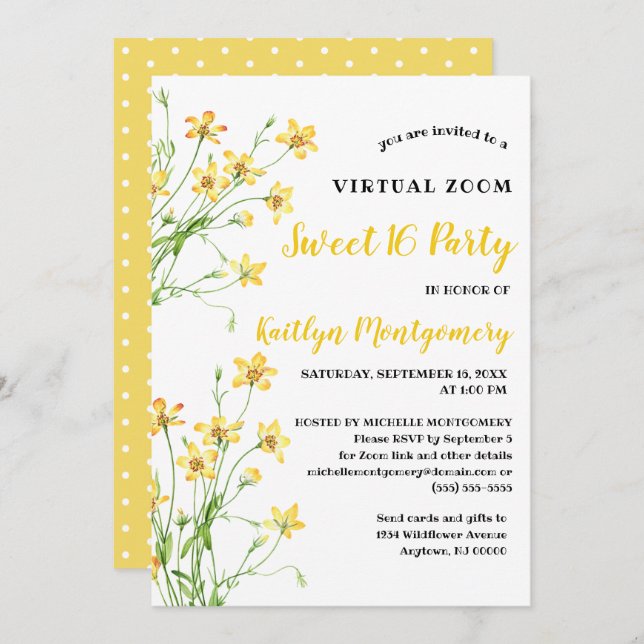 Yellow Wildflowers Virtual Sweet 16 Birthday Party Invitation (Front/Back)