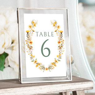 Yellow wildflowers wreath wedding table numbers