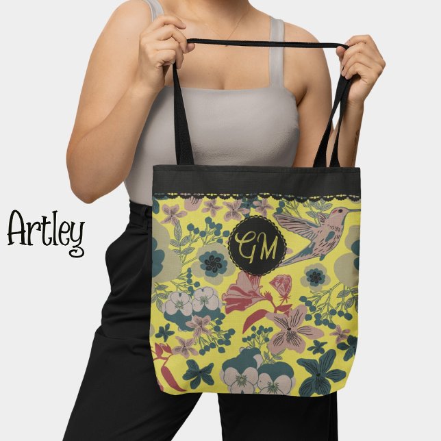 Yellow William Morris Floral Hummingbird Monogram Tote Bag (Creator Uploaded)