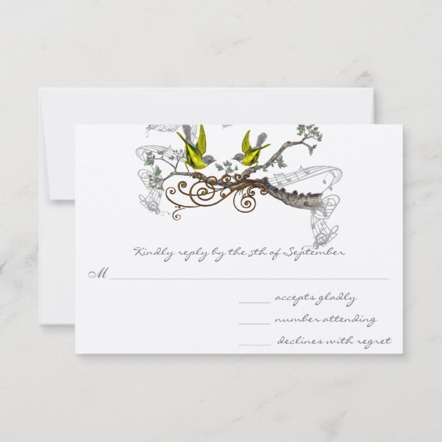 Yellow Winged Grey Vintage Love Birds Wedding RSVP (Back)