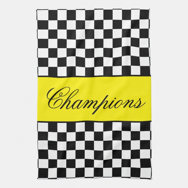 Yellow with black and white check tea towel (Vertical)