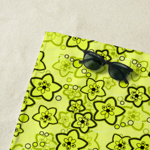 Yellow with black bright neon floral pattern beach towel