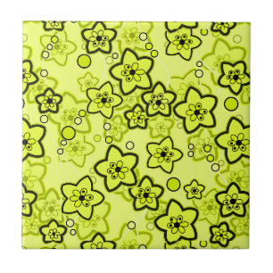 Yellow with black bright neon floral pattern ceramic tile