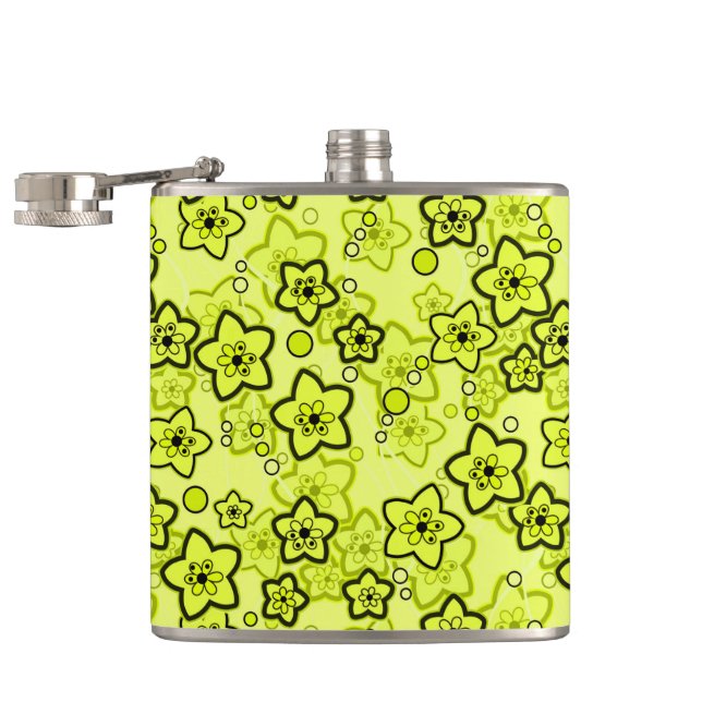 Yellow with black bright neon floral pattern hip flask (Opened)
