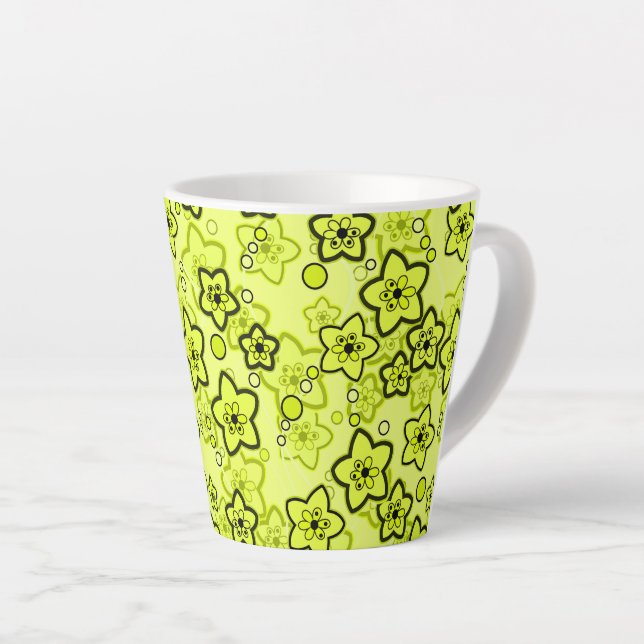 Yellow with black bright neon floral pattern latte mug (Right Angle)