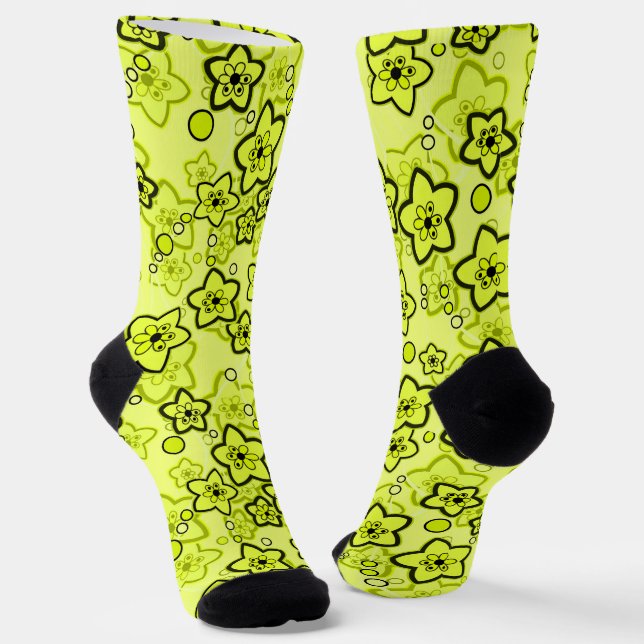 Yellow with black bright neon floral pattern socks (Angled)
