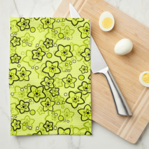 Yellow with black bright neon floral pattern tea towel