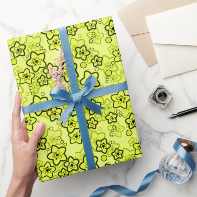 Yellow with black bright neon floral pattern wrapping paper (Gifting)