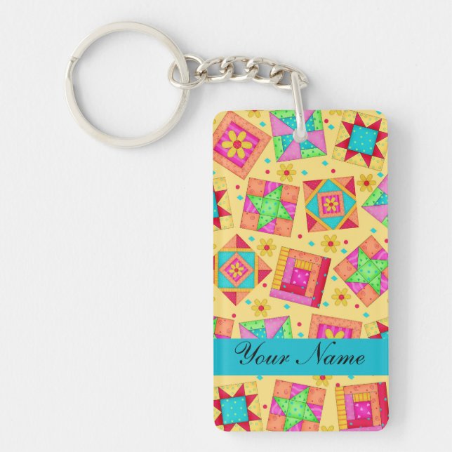 Yellow with Colourful Quilt Blocks & Personalised Key Ring (Front)