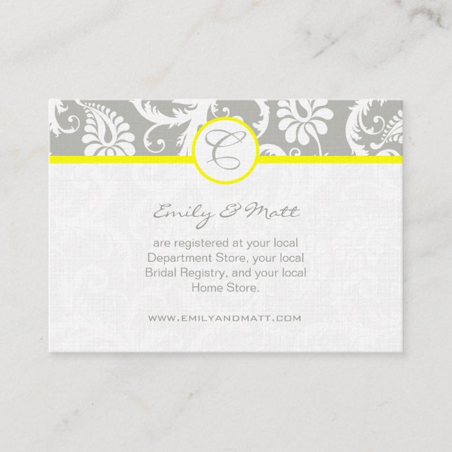 Yellow with Grey Damask Wedding Info Cards (Front)