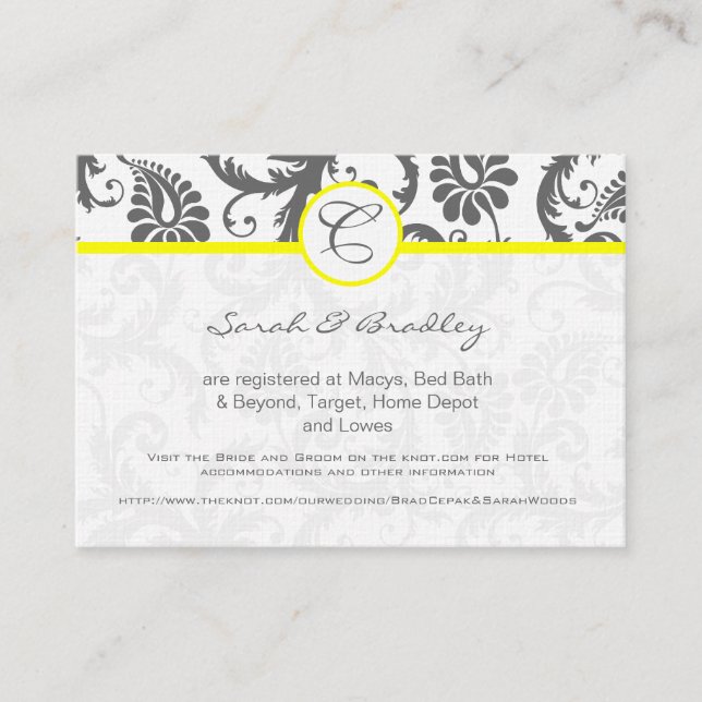 Yellow with Grey Damask Wedding Info Cards (Front)