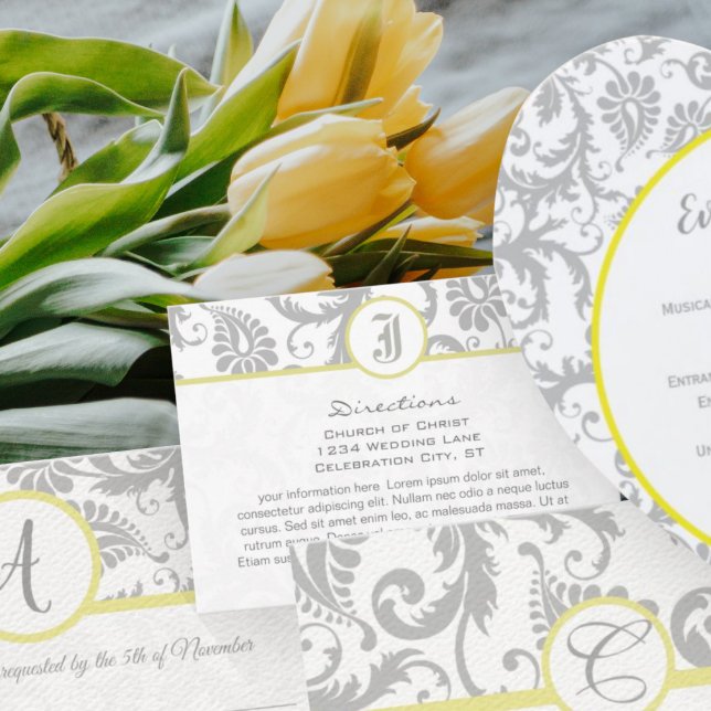 Yellow with light Grey Damask Wedding Info Cards (Creator Uploaded)