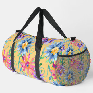 YELLOW WITH PINK BLUE & PURPLE FLOWERS DUFFLE BAG