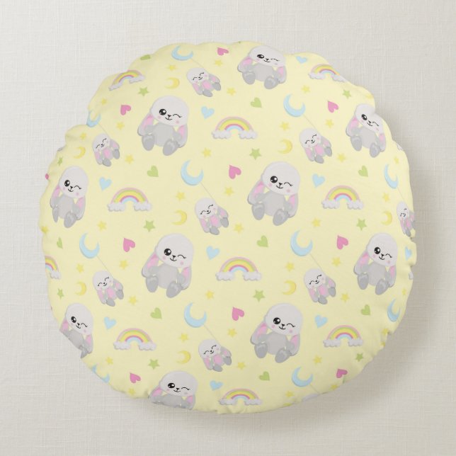YELLOW WITH PLUSH BUNNIES MOONS STARS ROUND CUSHION (Front)