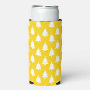 YELLOW WITH ROWS OF WHITE CHRISTMAS TREES SELTZER CAN COOLER