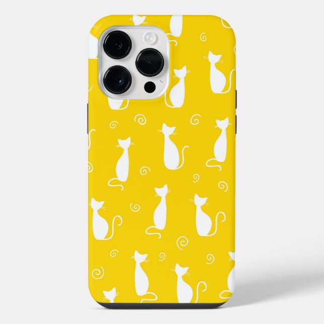 YELLOW WITH WHITE SITTING CAT PATTERN iPhone CASE (Back)