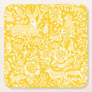 Yellow Woodland Animal Floral Nature Fox Rabbit Square Paper Coaster
