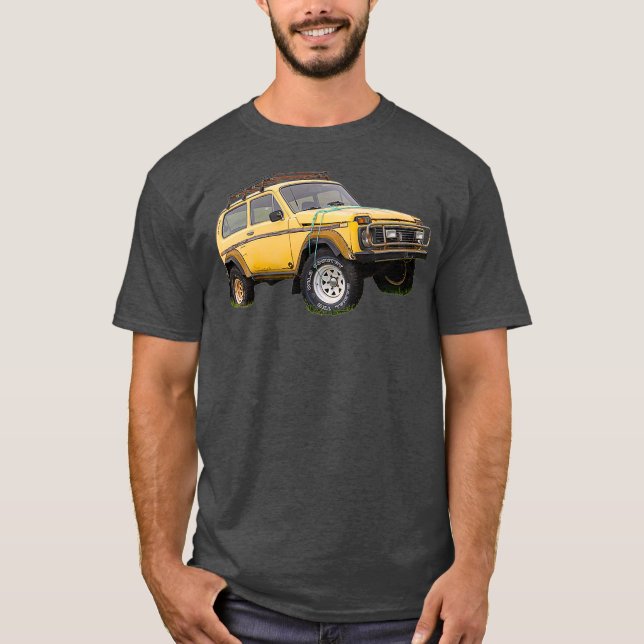 Yellow wrecked and abandoned Lada Niva car T-Shirt (Front)