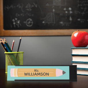 Yellow Writing Pencil Personalised Teacher Desk Name Plate