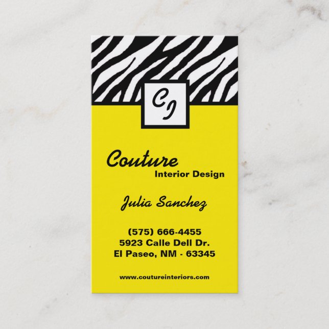 Yellow Zebra Print Personalise Business Card (Front)