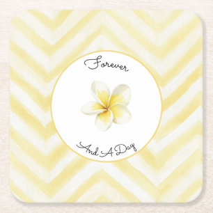 Yellow Zigzag Stripes Plumeria Flower Wedding Square Paper Coaster