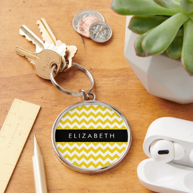 Yellow Zigzag, Yellow Chevron, Your Name Key Ring (Desk)