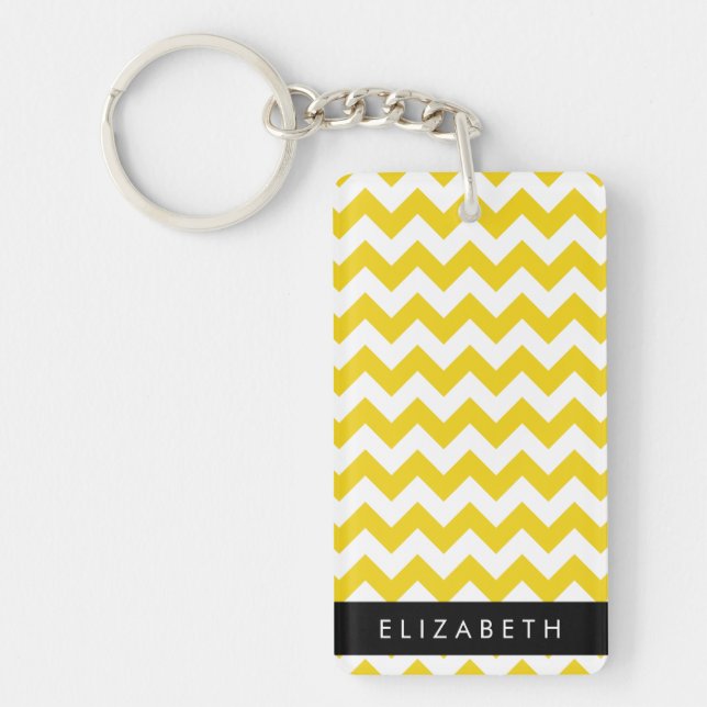 Yellow Zigzag, Yellow Chevron, Your Name Key Ring (Front)