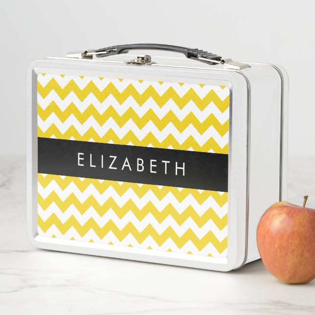 Yellow Zigzag, Yellow Chevron, Your Name Metal Lunch Box (In Situ)