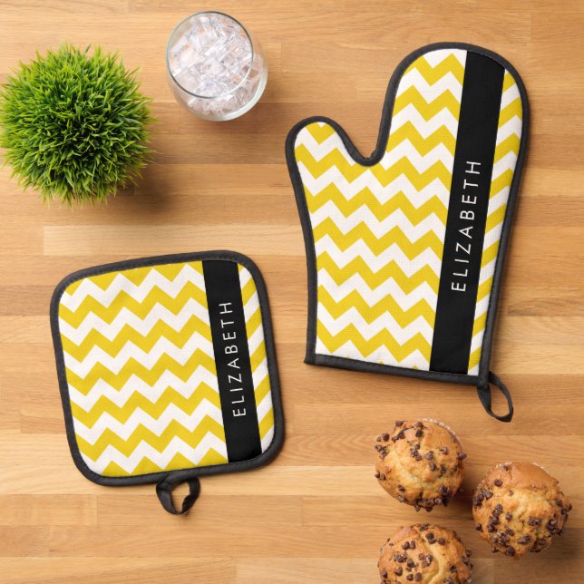 Yellow Zigzag, Yellow Chevron, Your Name Oven Mitt & Pot Holder Set (Top Down)
