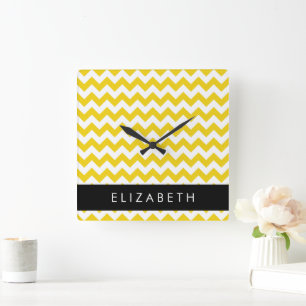Yellow Zigzag, Yellow Chevron, Your Name Square Wall Clock