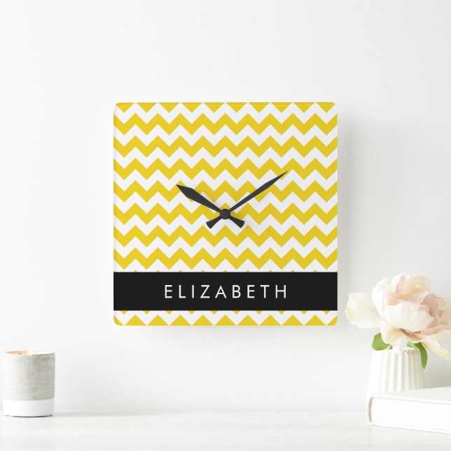 Yellow Zigzag, Yellow Chevron, Your Name Square Wall Clock (Home)
