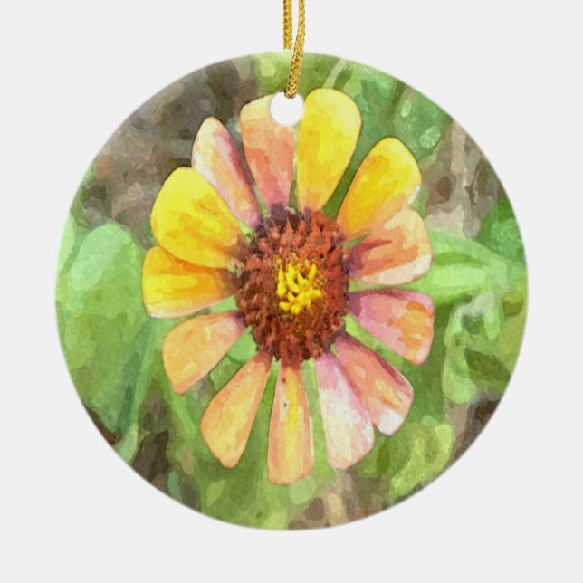 Yellow Zinnia Flower Ceramic Tree Decoration (Front)
