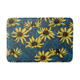 Yellow Zinnias on dark blue Bath Mat