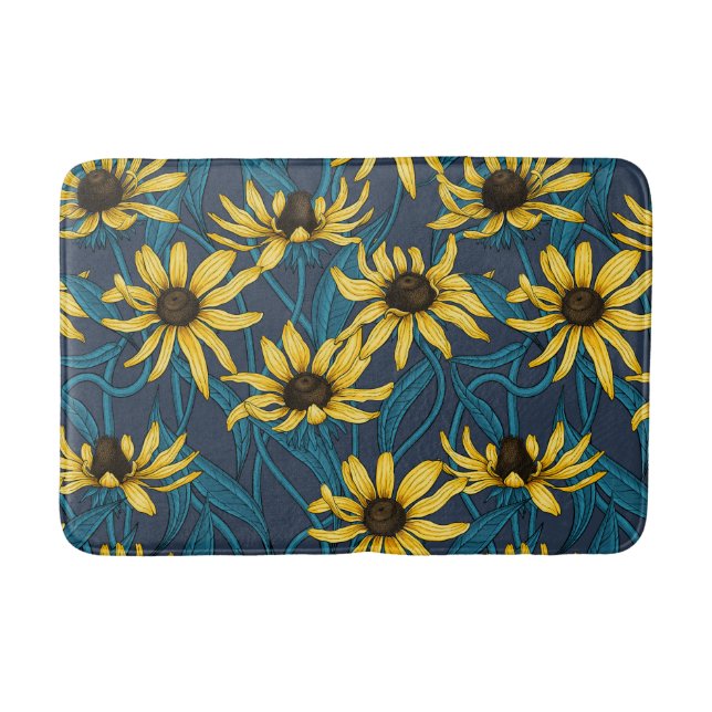 Yellow Zinnias on dark blue Bath Mat (Front)