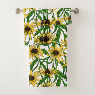 Yellow Zinnias on dark blue Bath Towel Set