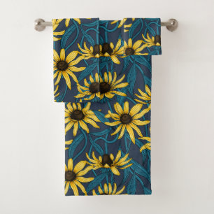 Yellow Zinnias on dark blue Bath Towel Set