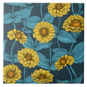 Yellow Zinnias on dark blue Ceramic Tile