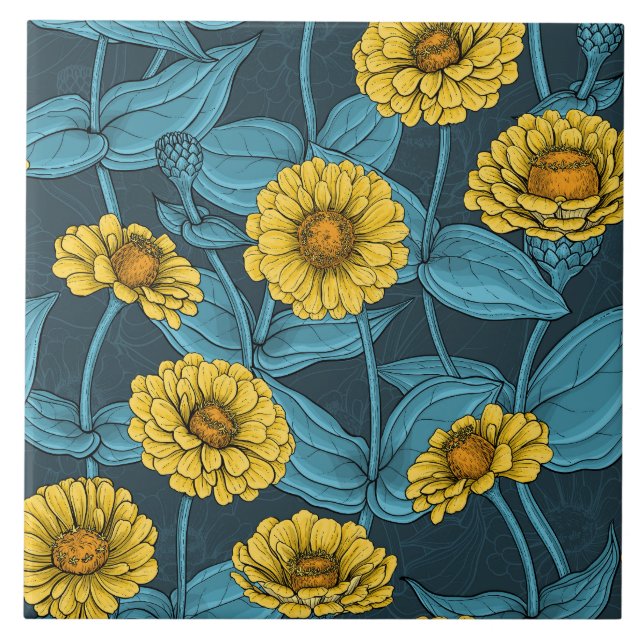 Yellow Zinnias on dark blue Ceramic Tile (Front)