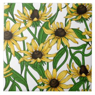Yellow Zinnias on dark blue Ceramic Tile