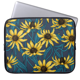 Yellow Zinnias on dark blue Laptop Sleeve