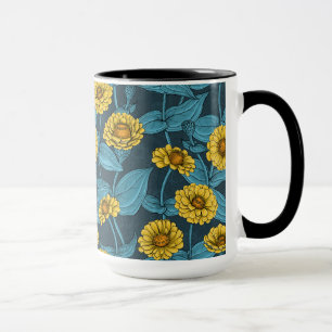 Yellow Zinnias on dark blue Mug