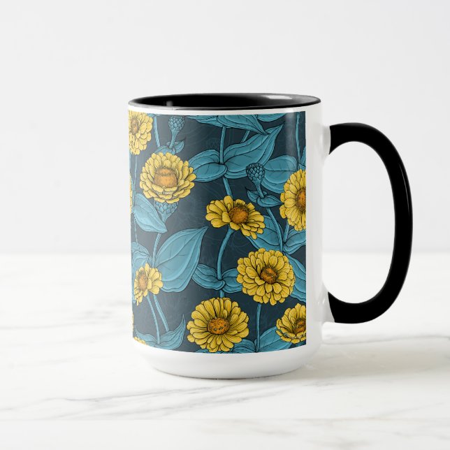 Yellow Zinnias on dark blue Mug (Right)