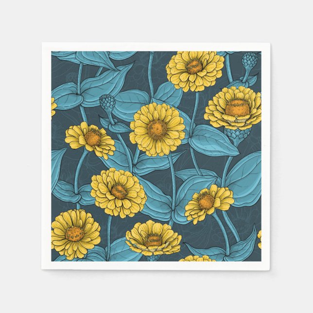 Yellow Zinnias on dark blue Napkin (Front)