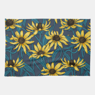 Yellow Zinnias on dark blue Tea Towel