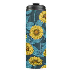 Yellow Zinnias on dark blue Thermal Tumbler