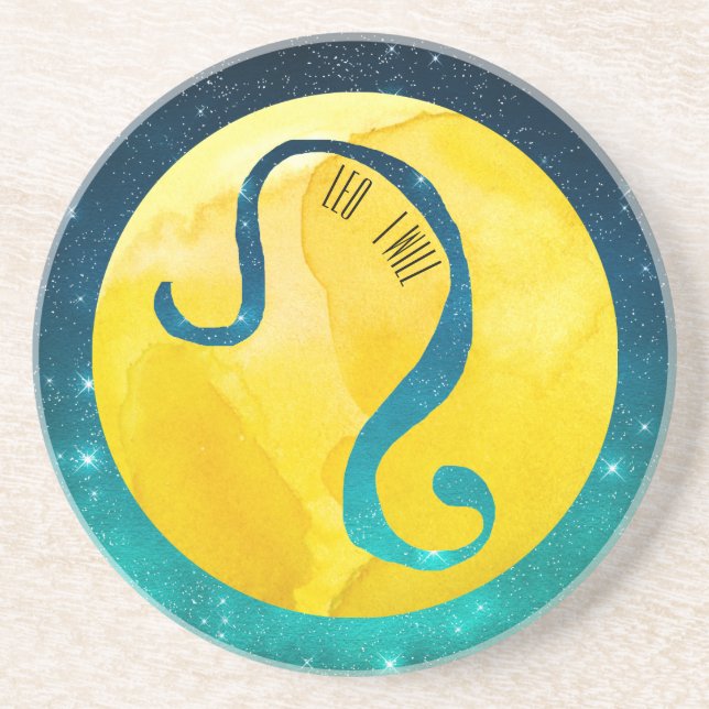 Yellow Zodiac Sign Leo on Teal Starry Sky Coaster (Front)
